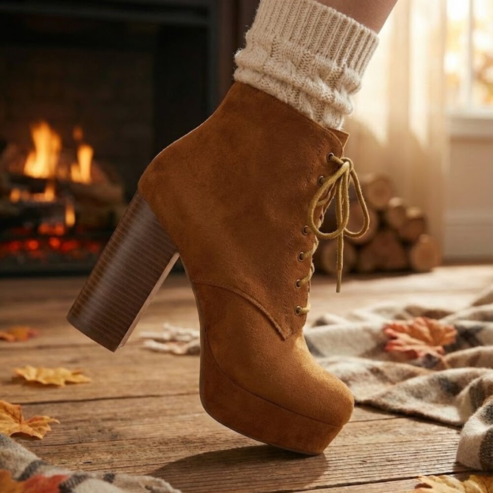 NWT SODA Cognac Suede Lace-Up Platform Booties 4.5" - Picture 5 of 6